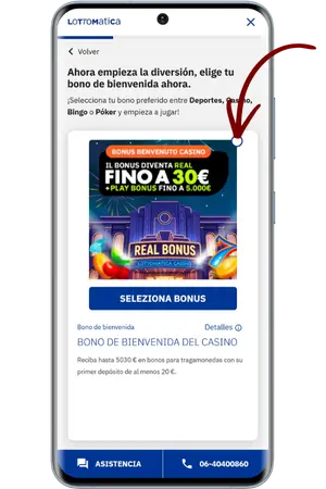 Selección del bono de bienvenida al registrarse en Lottomatica Casino